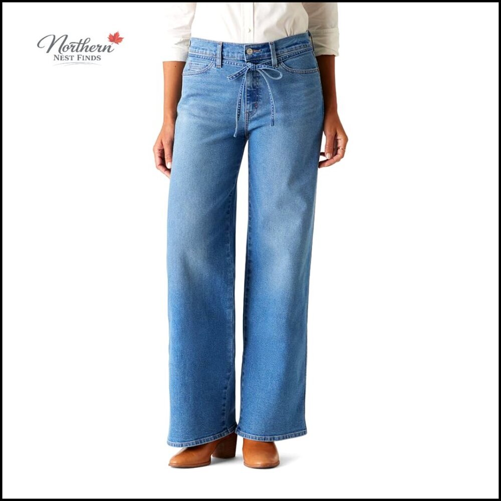 Wide Leg Jeans with Belt, Stretch Denim, Mid Rise Fit